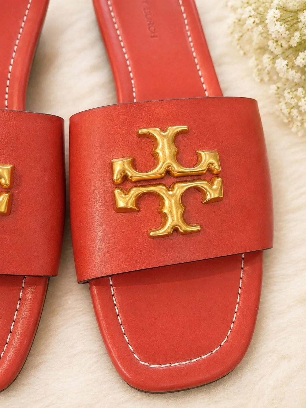 NEW Tory Burch Eleanor Leather Gold Logo Slide Sandals